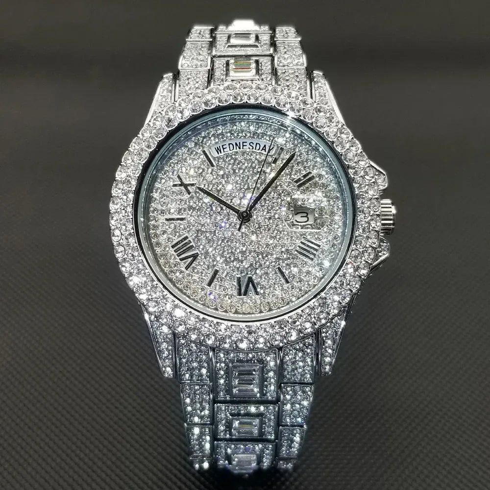 Luxury Day Date Iced Out Watch for Men | Hip Hop Rap Singer Wristwatch | West Coast Street Style Bling Jewelry Clock | Quartz Watch | Caratix - CaratixJewelry